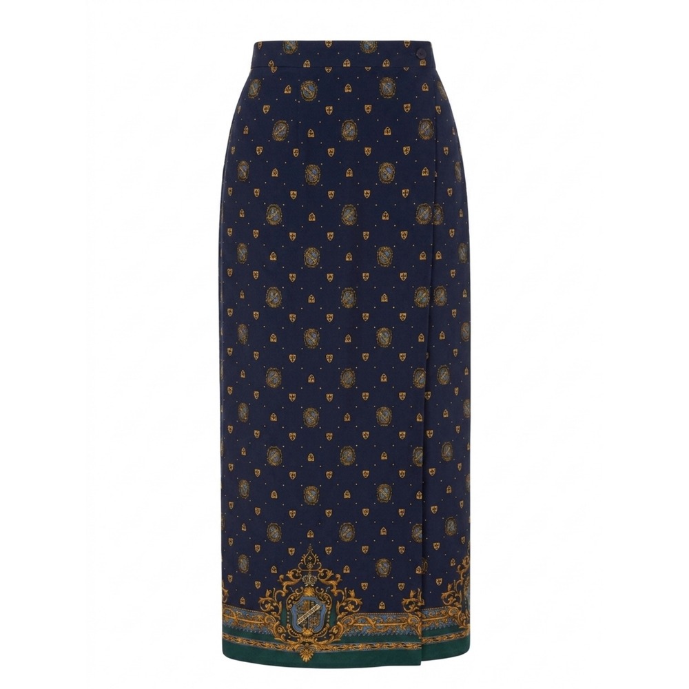 Vintage Pendleton Petite Navy Heraldic Crest Fleur De Lis‎ Rayon Maxi Skirt 4P